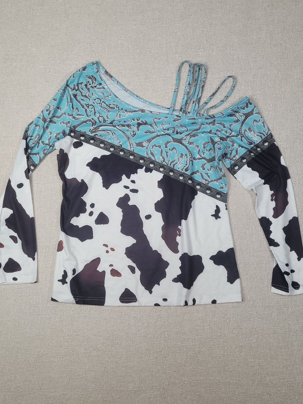 Women’s Off-Shoulder Long Sleeve Top in Turquoise and Black